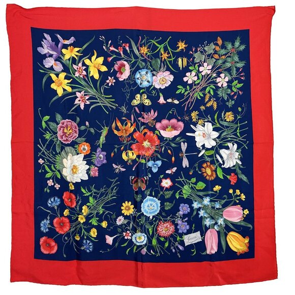 Gucci Red Navy Floral Silk Scarf - Picture 1 of 5